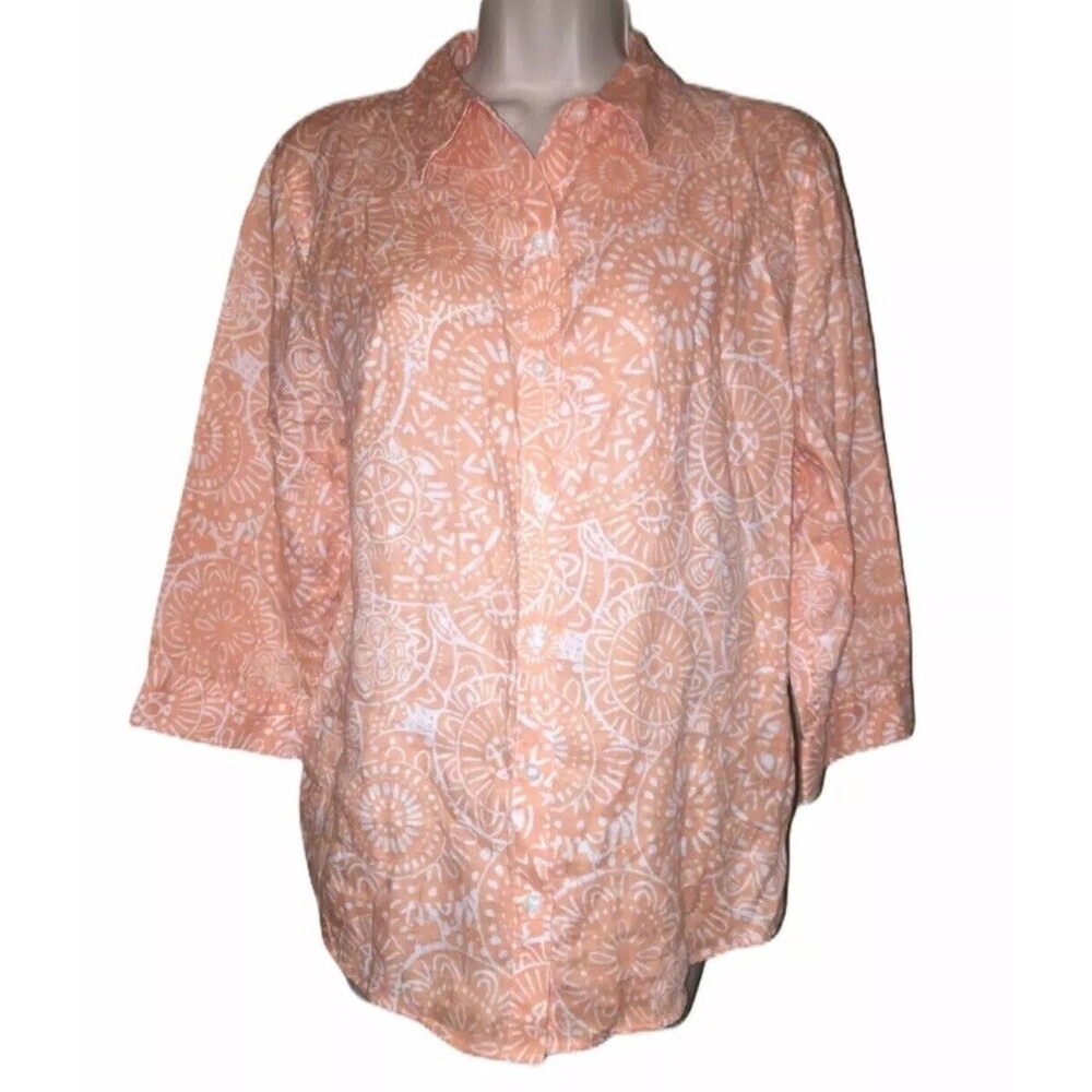 Chicos Orange White Printed Linen Button Front 3/4 Sleeve Top Size 1
